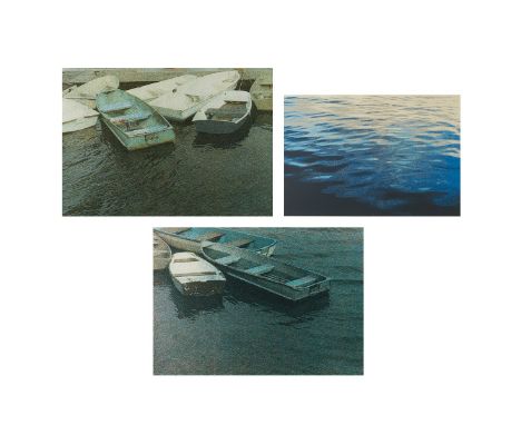Larry Stark (American, b. 1941). Group of three prints, including:Silkscreen titled "Boats" depicting boats floating on the w