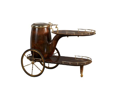 Aldo Tura, Italy. Lacquered goatskin and brass bar cart in the form of a pipe, ca. 1950s-60s. Two tiers with an ice box with 