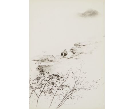 Chin San Long (Lang Jingshan) (Chinese, 1892-1995). Photograph depicting a woman carrying water along a rocky bank, with tree