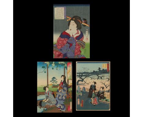 Group of three Japanese woodblock prints including:Utagawa Hiroshige II (Japanese, 1826-1869) and Utagawa Kunisada (Japanese,