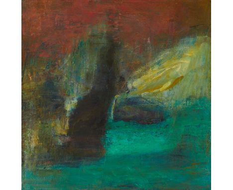 Jil Evans (American, b. 1958). Oil on canvas painting depicting an abstract composition in red, green, yellow, and black, 198
