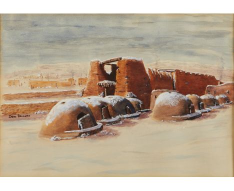Doug Ballard (American, 1922-2001). Watercolor on paper painting titled "Old Zuni Mission," depicting a Zuni Mission with som