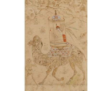 Mughal drawing in pencil, watercolor, and ink, with gold foil accents throughout depicting a composite camel comprised of fig