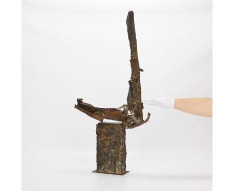 Large Brutalist abstract metal sculpture. Reminiscent of the styles of Michel Guino, Harry Balmer, and James Bearden.Height: 