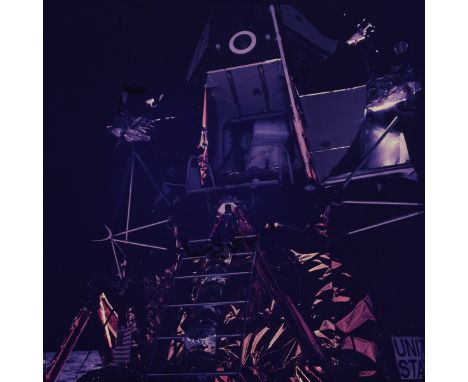 Original 70mm NASA color positive transparency film display depicting Buzz Aldrin exiting the lunar module. Dated July 16, 19