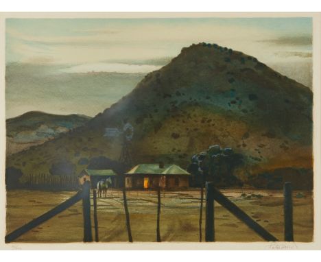 Peter Hurd (American, 1904-1984). Color lithograph titled "Night Visitor," depicting a ranch house with a rising mountain in 