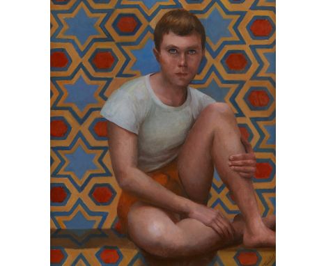 Acrylic on board painting depicting a portrait of the artist George Tooker as a young man. Signed illegibly along the lower r