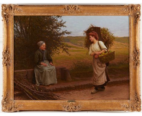 Camille Felix Bellanger (France, 1853-1923). Oil on canvas painting titled "The Road to Market" depicting a young woman laden