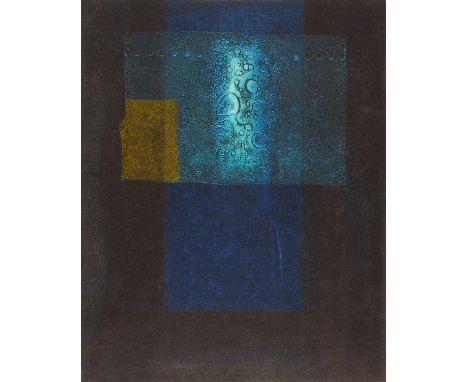 Hiroyuki Tajima (Japanese, 1911-1984). Woodblock print titled "Impression of Small Monument," depicting an abstract scene, 19