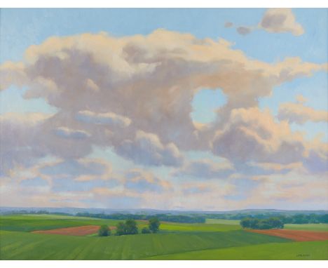 Richard Abraham (American, 20th/21st c). Oil on canvas painting titled "Sky Passage" depicting a vast midwestern landscape wi