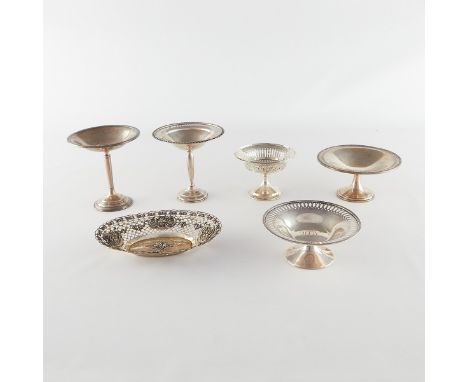 Group of six sterling and silver compotes or tazzas and one basket. The basket is silverplate. The five compotes are sterling