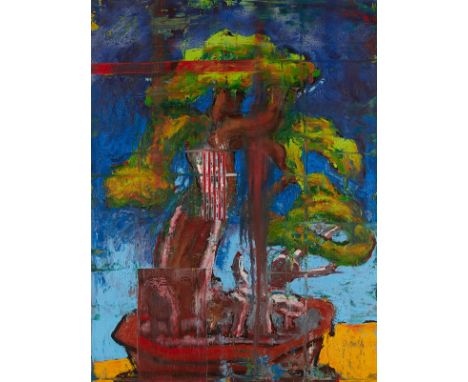 Aaron Fink (American, b. 1955). Oil on linen painting titled "Korean Bonsai" depicting an abstracted bonsai tree, 2007. Signe