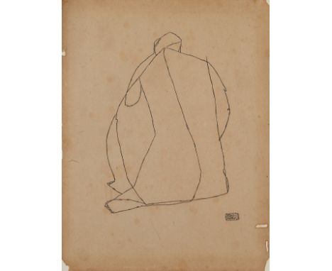 Arturo Rogerio Dimayuga Luz (Filipino, 1926-2021). Ink on paper drawing or sketch depicting a nude seated figure, their back 