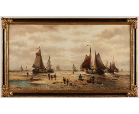 Auguste Henri Musin (Belgian, 1852-1923). Oil on canvas marine painting titled "Scheveningue (Holland.)" depicting boats comi