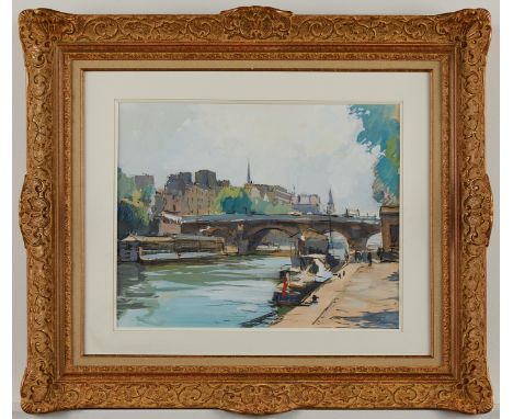 Lucien Victor Felix Delpy (French, 1898-1967). Watercolor and gouache on paper landscape painting depicting a bridge over a r