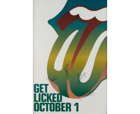 Poster reading "Get Licked October 1" with the iconic tongue and lips for the band The Rolling Stones, signed by all four ban