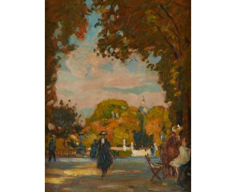 Oil on board impressionist French school painting, unsigned. Depicting figures strolling under trees in a park with the top o