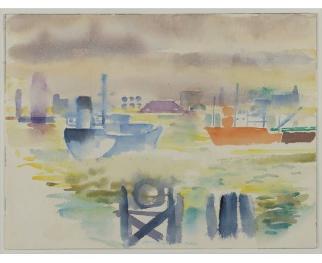 Madison Fred Mitchell (American 1923-2013). Watercolor on Arches paper titled "Waiting Ship," ca. 1975, depicting several shi