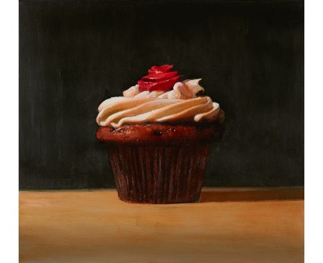 David Dornan (American, b. 1954). Oil on canvas painting titled "Velvet" depicting a photorealistic red velvet cupcake, 2009.
