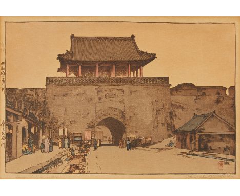 Hiroshi Yoshida (Japanese, 1876-1950). Japanese shin-hanga woodblock print titled "Dainan Gate in Mukden," depicting the grea