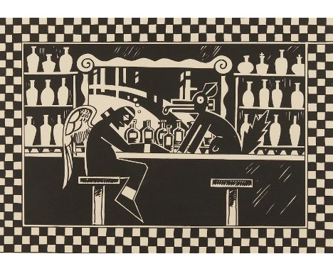 Diego Romero (Cochiti Pueblo, b. 1964). Lithograph on paper titled "Fallen Angel" depicting a winged angel sitting at a bar w