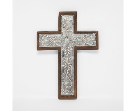 Wooden cross with silver colored metal embellished with 13 turquoise stones. Illegibly signed along the lower right along the