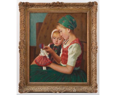 Oscar Glatz (Hungarian, 1872-1958). Oil on canvas depicting two young girls in traditional dress. The older child plays with 