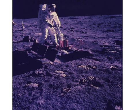 Original 70mm NASA color positive transparency film display depicting Buzz Aldrin performing scientific experiments on the su