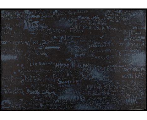 Jim Dine (American, b. 1935). Lithograph on paper titled "Cincinnati II" depicting a black field with names in blue-white scr