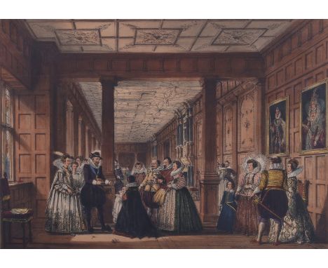 Joseph Nash (English, 1809-1878). Hand colored lithograph on paper titled "Gallery, Hatfield," depicting a lively crowd in th