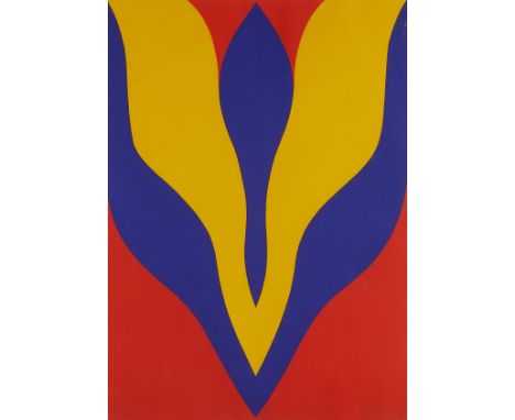 Jack Youngerman (American, 1926-2020). Silkscreen on paper titled "New School," depicting a geometric abstraction in red, yel
