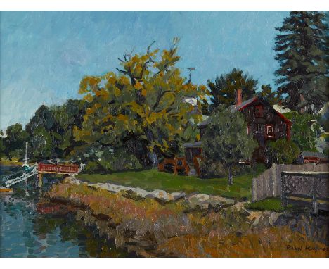 Reed Kay (American, b. 1925). Oil on canvas painting titled "Mill River Bank" depicting a riverfront home, 2003. Signed along