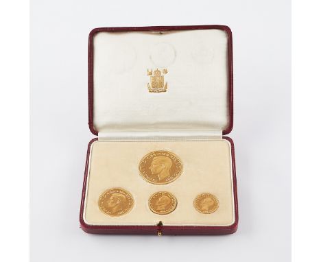 Four coin 22k yellow gold proof Sovereign set, issued for the coronation of King George VI in 1937. This proof set contains a