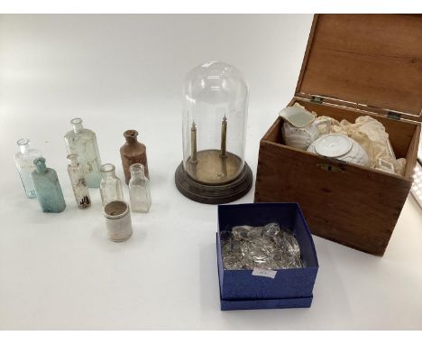 glass display dome, chandelier crystal, old bottles etc 
