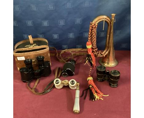 Pair of WW1 cased binoculars by W Watson &amp; Sons Ltd, dated 1918, with broad arrow stamp, and a military bugle and opera g