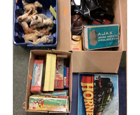 Quantity of toys to include Hornby set O gauge, boats, models, cameras and a collection of Steiff style miniature animals. 