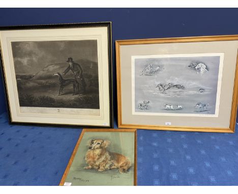 After H Chalon,  black and white mettotint, " Snowball", 45 x 60cm framed and glazed; and  Margerie Cox, pastel,  portrait of
