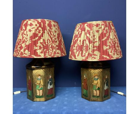 Pair of of Chinoiserie tin lamp bases, decorated oriental figures, and a pair of good OKA pleated lampshades; lamps 45cm H ap