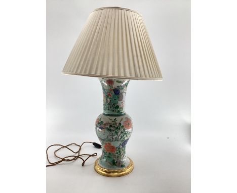 A good Chinese style Famille verte pattern lamp with cream pleated shade, lamp 46cmH.&nbsp; NB - Inspection under UV light re