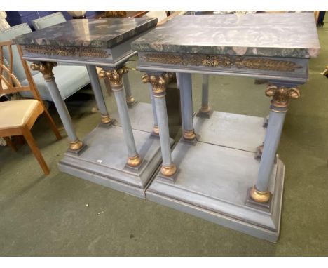 Pair of decorative plinth console display tables, each with hardstone tops, gilt brass decoration columns supports with gilt 