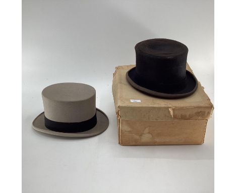 Grey top hat size 7 1/8 and a black felt hunting top hat size 7 1/8 