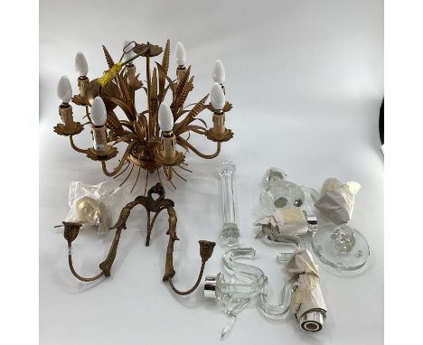 A brass style 8 branch ceiling chandelier, a wall sconce,  and a glass chandelier, as found - some losses etc, see images 