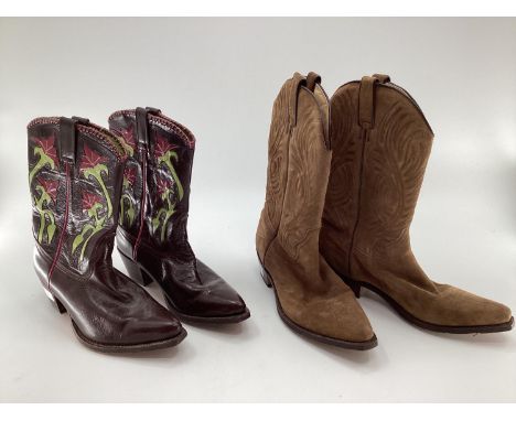 Two pairs of cowboys boots, marked TONY MORA label to inside 43; and the other label to pair:  R SOLES, marked designed by Ju