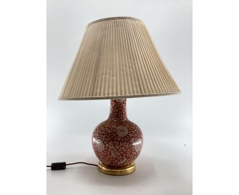 Large Chinese style red and white coloured lamp, 38cmH and silk pleated lamp shadeThere is a small area of restoration only c