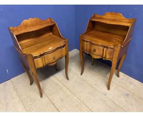 Pair of modern serpentine fronted bedside tables with single drawer and tiered shelf.&nbsp;Dimension are: 48cm wide x 37cm de