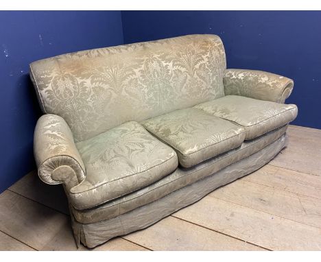 Traditional three seater sofa, upholstered in a green silk fabric. With loose cushions, 190cmL - much wear to back head panel