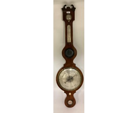 Mahogany and line inlaid wall barometer, with swan neck broken pediment , 112cm overall heigh 