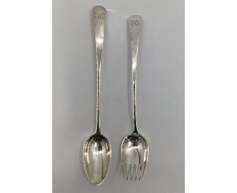 A sterling silver serving spoon and fork, London 1790, 232g 