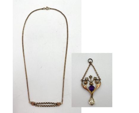 A 9ct gold fancy link necklace 5.70g, and A 9ct gold Art Nouveau pendant set with Amethyst and seed pearls with a small baroq