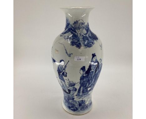Late C19th/early C20th blue and white Chinese baluster vase, 44cm high, decorated scenes of foliage and Chinese elders, 4 cha